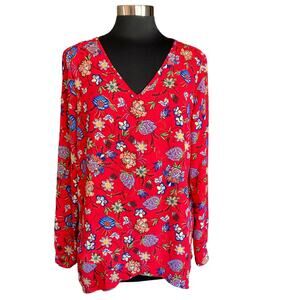 Chelsea & Theodore Red Floral Print Tunic Top Long Sleeves Layer Lagenlook Large